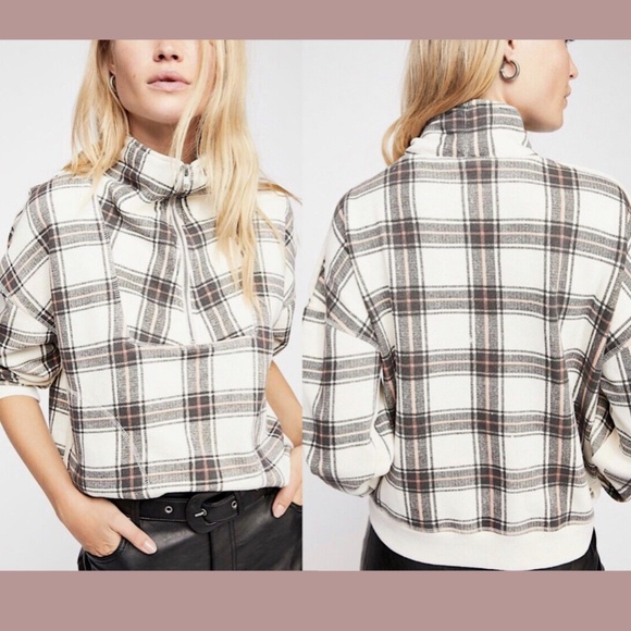 NWT $128 Free‎ People [ Large ] Why Not Quarter Zip Plaid Sweatshirt Ivory - Picture 2 of 16